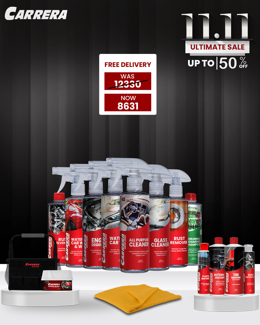 TD 500ml+APC 500ml+Colored Shampoo +Hard Wax+Waterless Wash & Wax +Interior Dressing +ED 500ml+GC 500ml+Plastic Restorer 200ml+Fragrance Card+ Rust Remover + Rust Preventive 200ml +Detailing Caddy (Advanced Protection Kit) +yellow MF