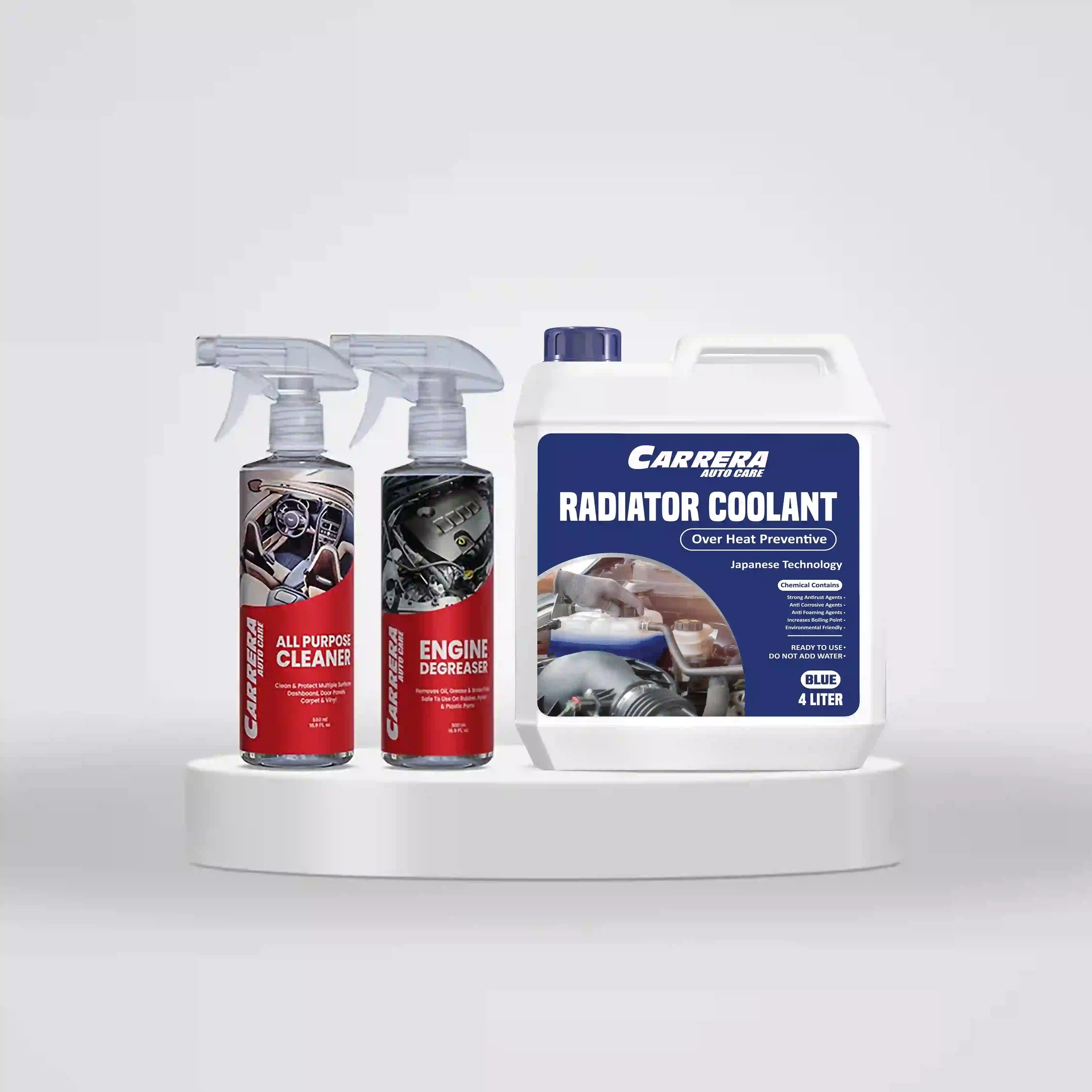 Carrera Coolant Over Heat Preventive + Engine Degreaser + All Purpose Cleaner +Gray MF