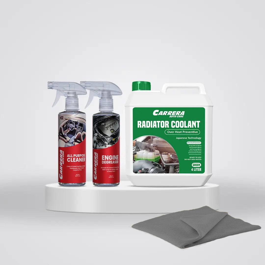 Carrera Coolant Over Heat Preventive + Engine Degreaser + All Purpose Cleaner +Gray MF