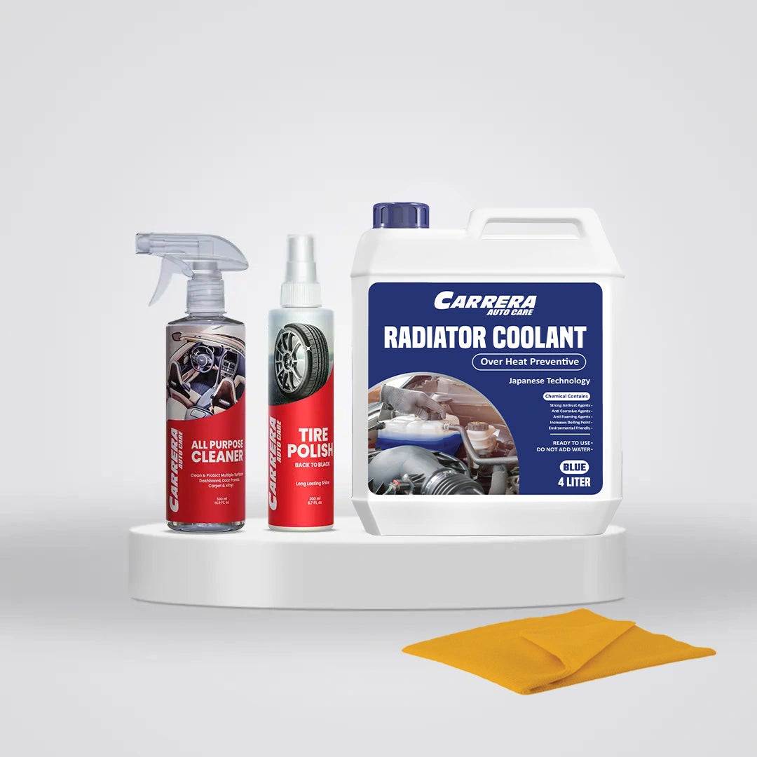 Carrera Coolant Over Heat Preventive + Tire Polish + All Purpose Cleaner +Microfiber
