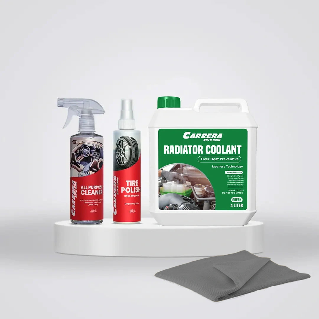 Carrera Coolant Over Heat Preventive + Tire Polish + All Purpose Cleaner +Microfiber