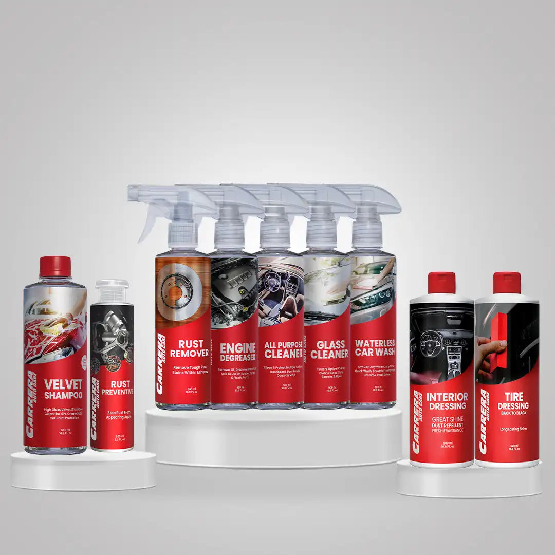 Velvet Shampoo + Glass Cleaner + Interior Dressing + Tire Dressing + Engine Degreaser + All Purpose Cleaner + Waterless Car Wash+ Rust Remover + Rust Preventive 200 ml ( Carrera Master Kit) + Microfiber