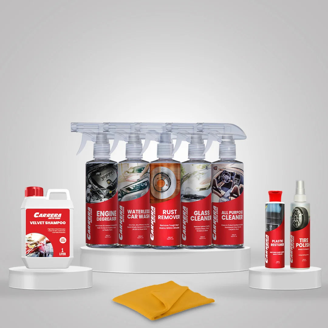Velvet Shampoo + Glass Cleaner + Interior Dressing + Tire Dressing + Engine Degreaser + All Purpose Cleaner + Waterless Car Wash+ Rust Remover + Rust Preventive 200 ml ( Carrera Master Kit) + Microfiber