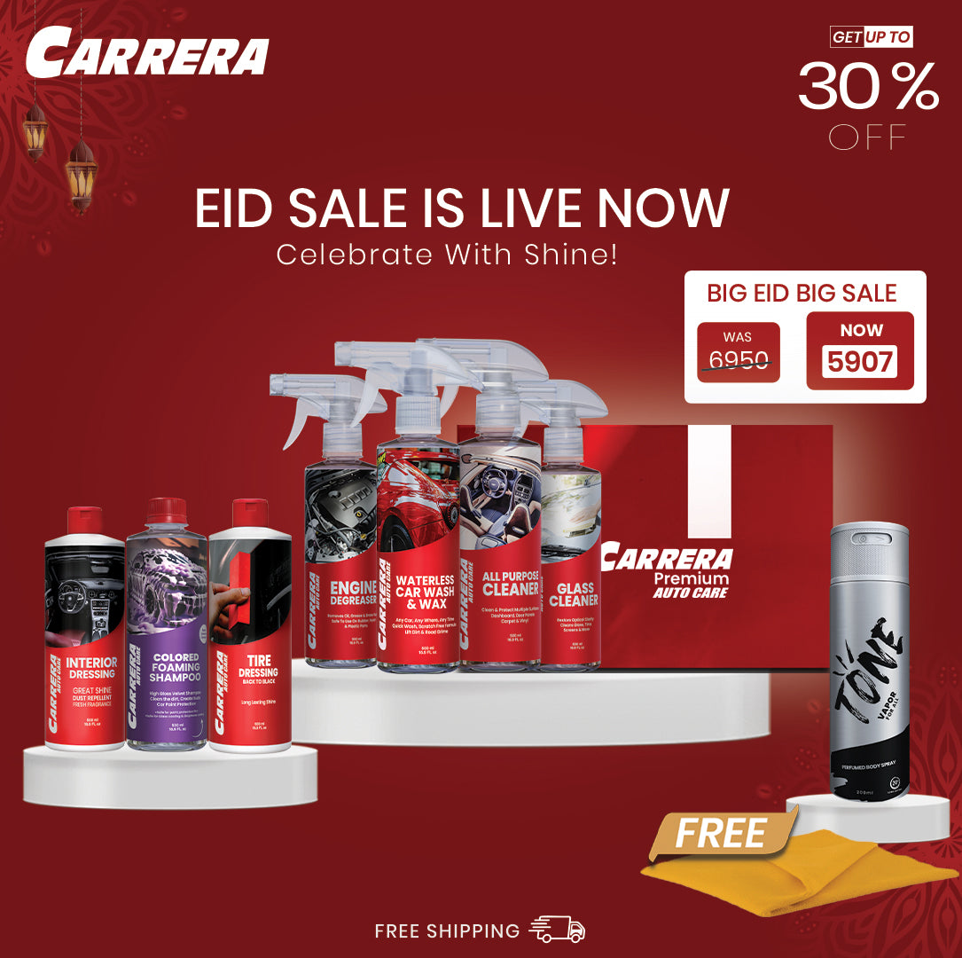 Color Shampoo + Interior Dressing + All Purpose Cleaner + water Less wash+ Glass Cleaner + Engine Degreaser + Tire Dressing (Carrera Complete Kit Box) + Yellow MF+ vapor