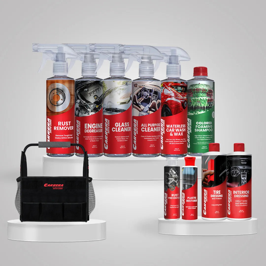 TD 500ml+APC 500ml+Colored Shampoo +Hard Wax+Waterless Wash & Wax +Interior Dressing +ED 500ml+GC 500ml+Plastic Restorer 200ml+Fragrance Card+ Rust Remover + Rust Preventive 200ml +Detailing Caddy (Advanced Protection Kit) +yellow MF
