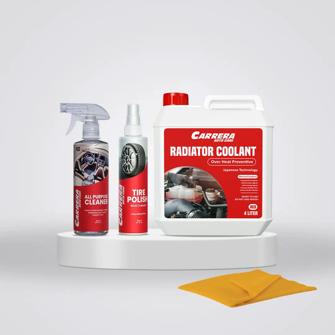 Carrera Coolant Over Heat Preventive + Tire Polish + All Purpose Cleaner +Microfiber