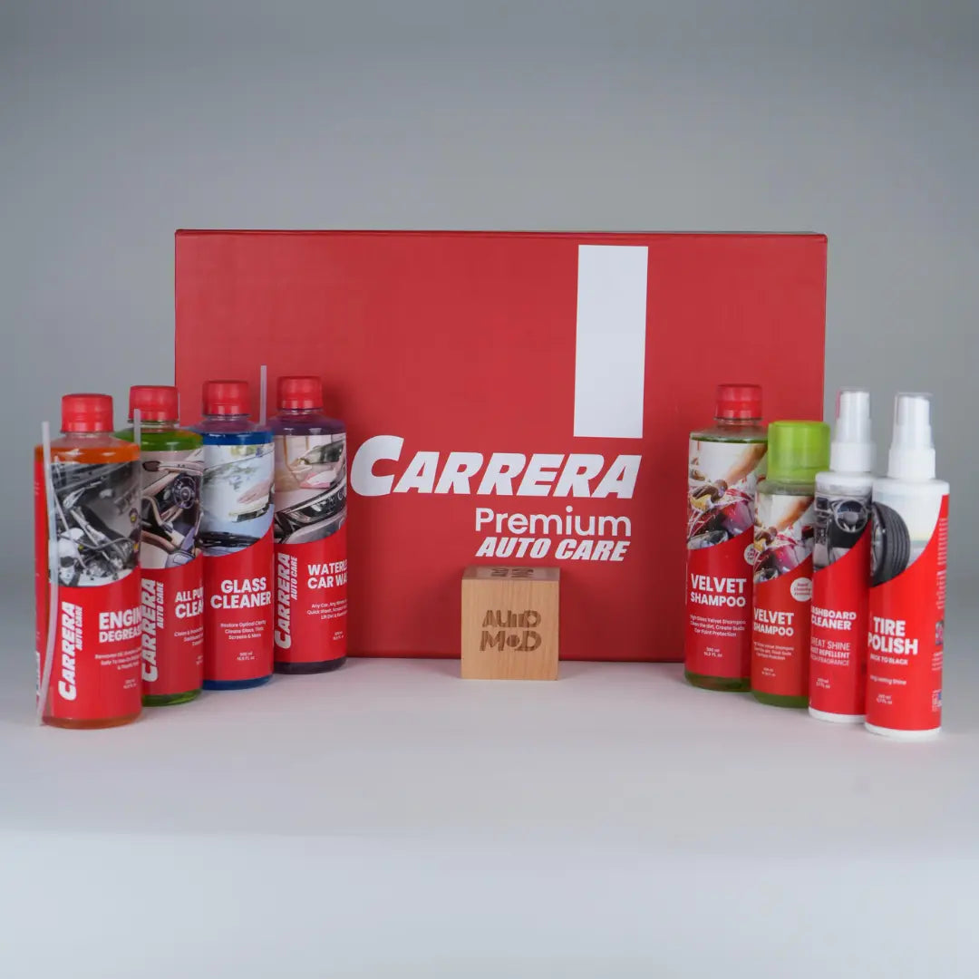 Shampoo 500ml + Dashboard Cleaner + All Purpose Cleaner + water Less + Glass Cleaner + Engine Degreaser + Tire Polish (Carrera Complete Kit Box)