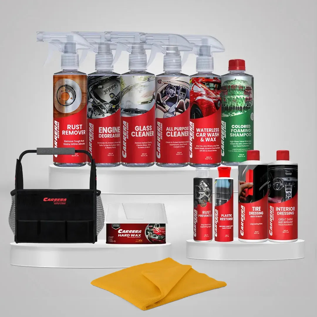 TD 500ml+APC 500ml+Colored Shampoo +Hard Wax+Waterless Wash & Wax +Interior Dressing +ED 500ml+GC 500ml+Plastic Restorer 200ml+Fragrance Card+ Rust Remover + Rust Preventive 200ml +Detailing Caddy (Advanced Protection Kit) +yellow MF