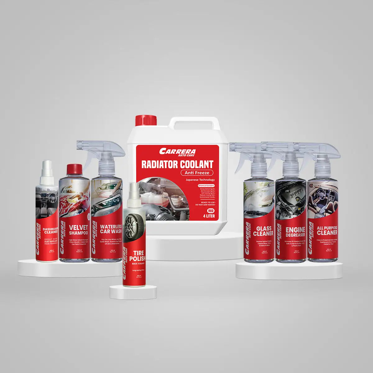 Shampoo 500ml + Dashboard Cleaner + All Purpose Cleaner + water Less + Glass Cleaner + Engine Degreaser + Tire Polish (Carrera Complete Kit)  Anti Freeze