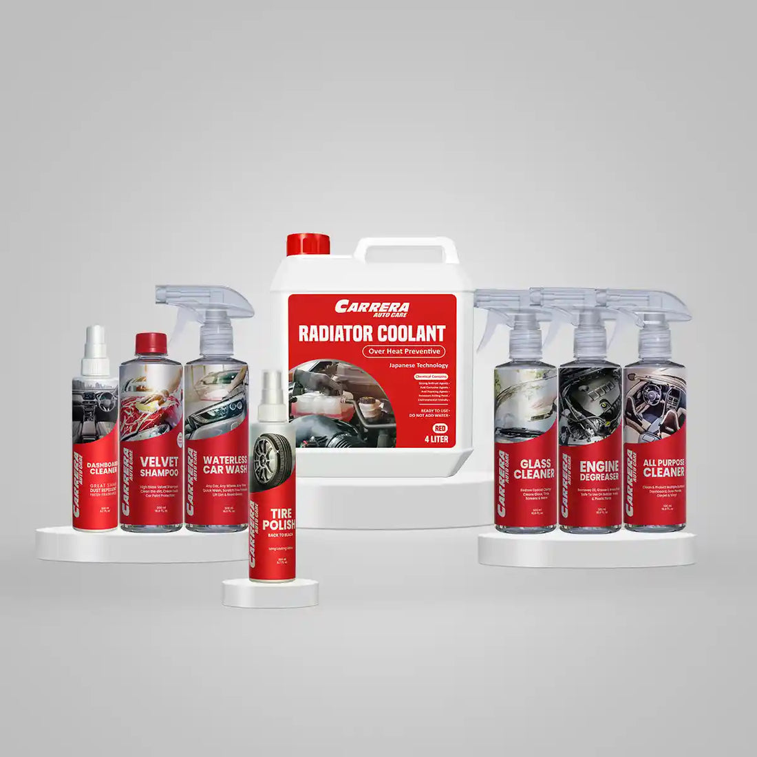 Shampoo 500ml + Dashboard Cleaner + All Purpose Cleaner + Waterless + Glass Cleaner + Engine Degreaser + Tire Polish (Carrera Complete Kit) OHP