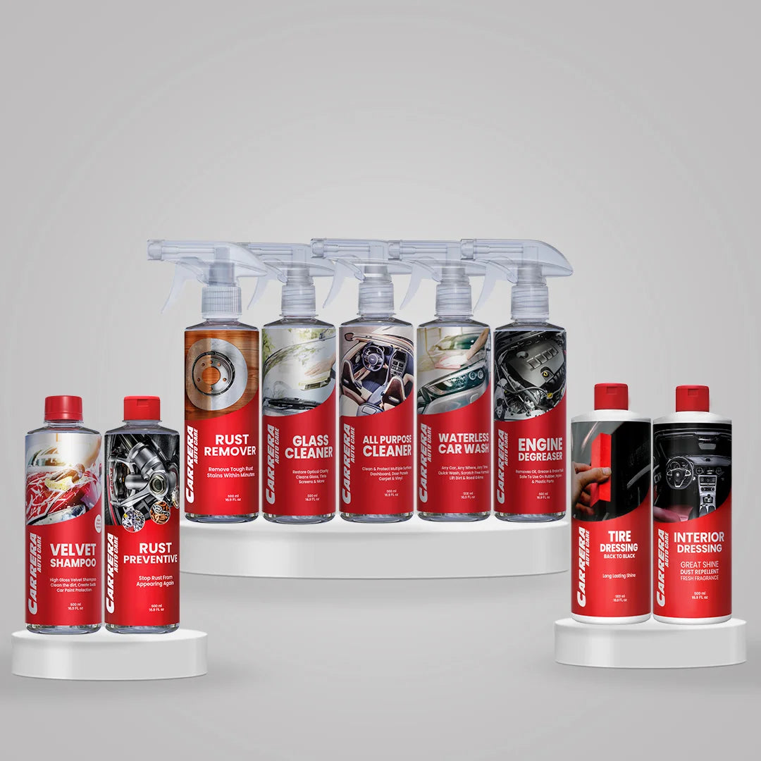 Velvet Shampoo + Glass Cleaner + Interior Dressing + Tire Dressing + Engine Degreaser + All Purpose Cleaner + Waterless Car Wash+ Rust Remover + Rust Preventive ( Carrera Master Kit)