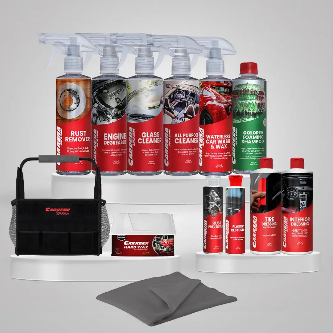 TD 500ml+APC 500ml+Colored Shampoo +Hard Wax+Waterless Wash &amp; Wax +Interior Dressing +ED 500ml+GC 500ml+Plastic Restorer 200ml+Fragrance Card+ Rust Remover + Rust Preventive 200ml +Detailing Caddy (Advanced Protection Kit) +yellow MF