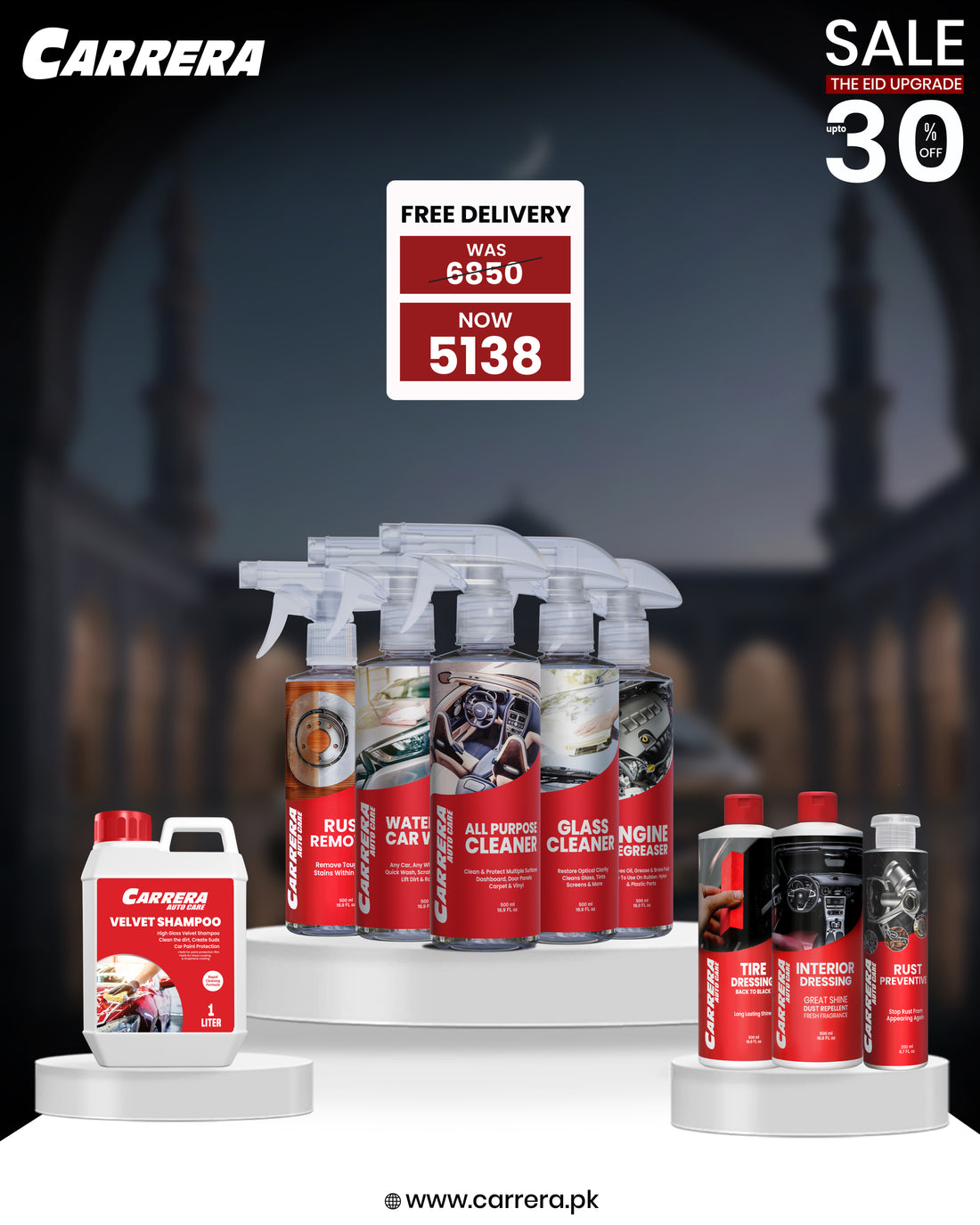 Velvet Shampoo + Glass Cleaner + Interior Dressing + Tire Dressing + Engine Degreaser + All Purpose Cleaner + Waterless Car Wash+ Rust Remover + Rust Preventive 200 ml ( Carrera Master Kit) + Microfiber