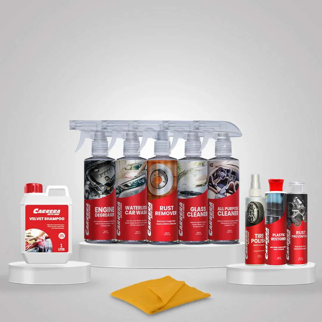 Velvet Shampoo + Glass Cleaner + Interior Dressing + Tire Dressing + Engine Degreaser + All Purpose Cleaner + Waterless Car Wash+ Rust Remover + Rust Preventive 200 ml ( Carrera Master Kit) + Microfiber