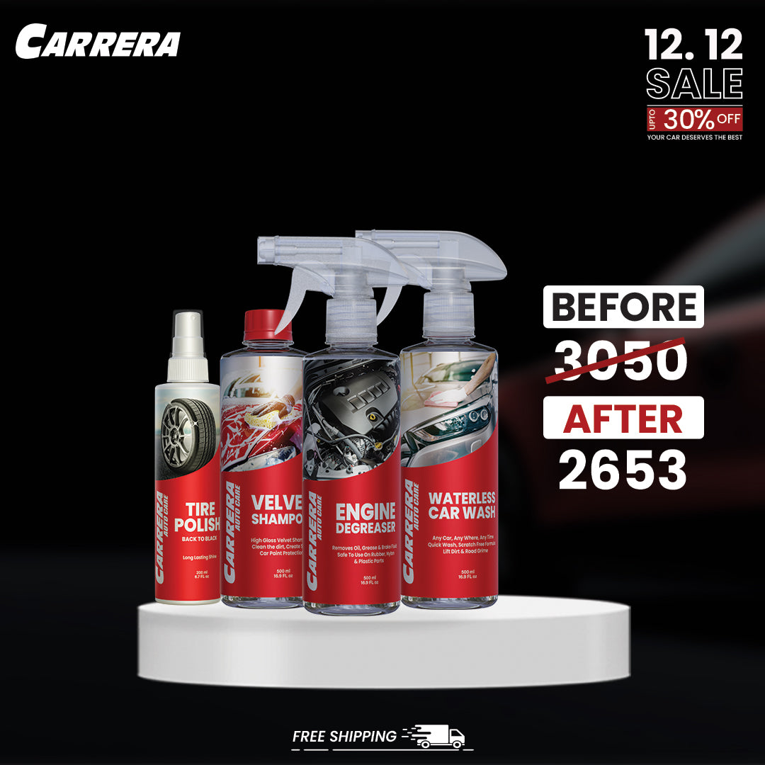 Exterior Bundle | Carrera Engine Degreaser+ Waterless car wash+ Tire Polish+ Velvet Shampoo