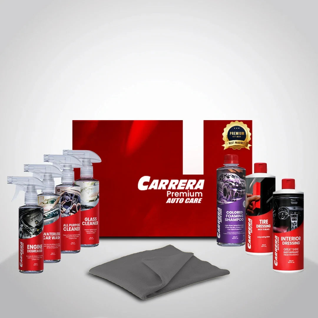 Color Shampoo + Interior Dressing + All Purpose Cleaner + water Less  wash+ Glass Cleaner + Engine Degreaser + Tire Dressing (Carrera Complete Kit Box) + Yellow MF