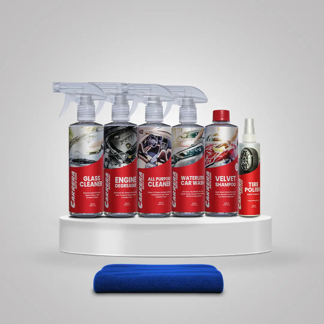 Shampoo 500ml+All Purpose Cleaner + Waterless + Glass Cleaner + Engine Degreaser + Tire Polish (Basic Cleaner Bundle) +Blue MF
