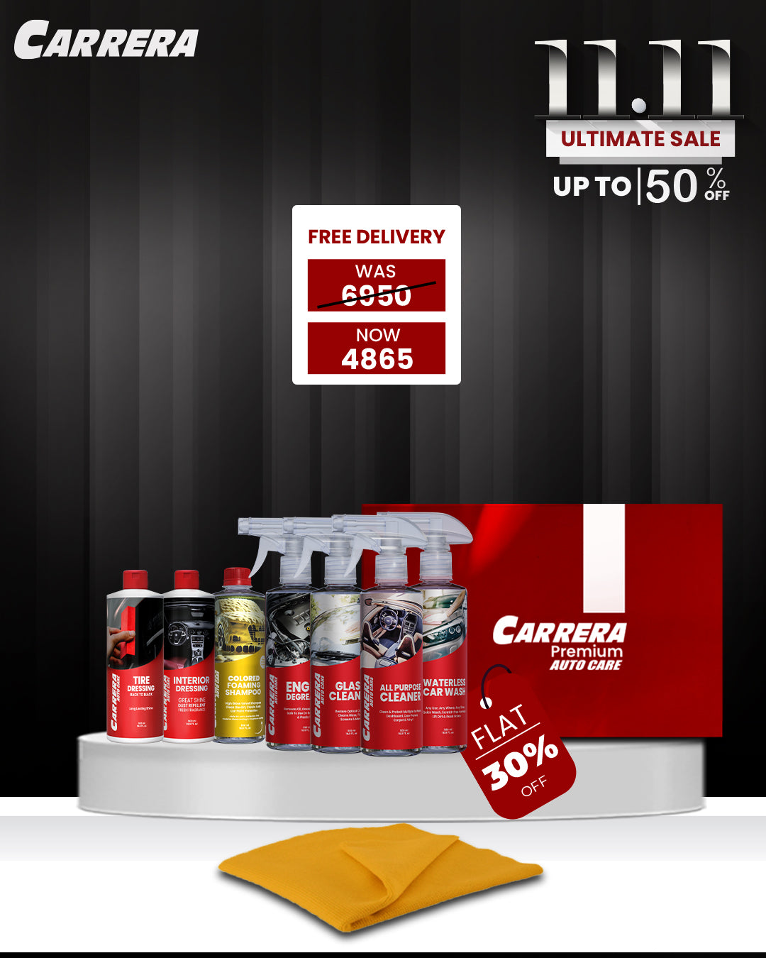 Color Shampoo + Interior Dressing + All Purpose Cleaner + water Less  wash+ Glass Cleaner + Engine Degreaser + Tire Dressing (Carrera Complete Kit Box) + Yellow MF