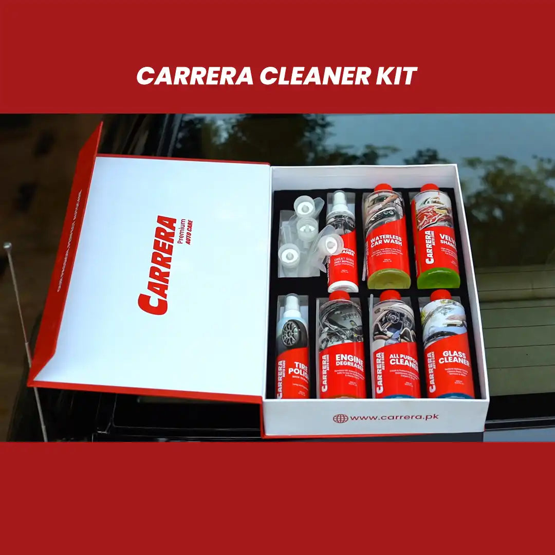 Shampoo 500ml + Dashboard Cleaner + All Purpose Cleaner + water Less + Glass Cleaner + Engine Degreaser + Tire Polish (Carrera Complete Kit Box)