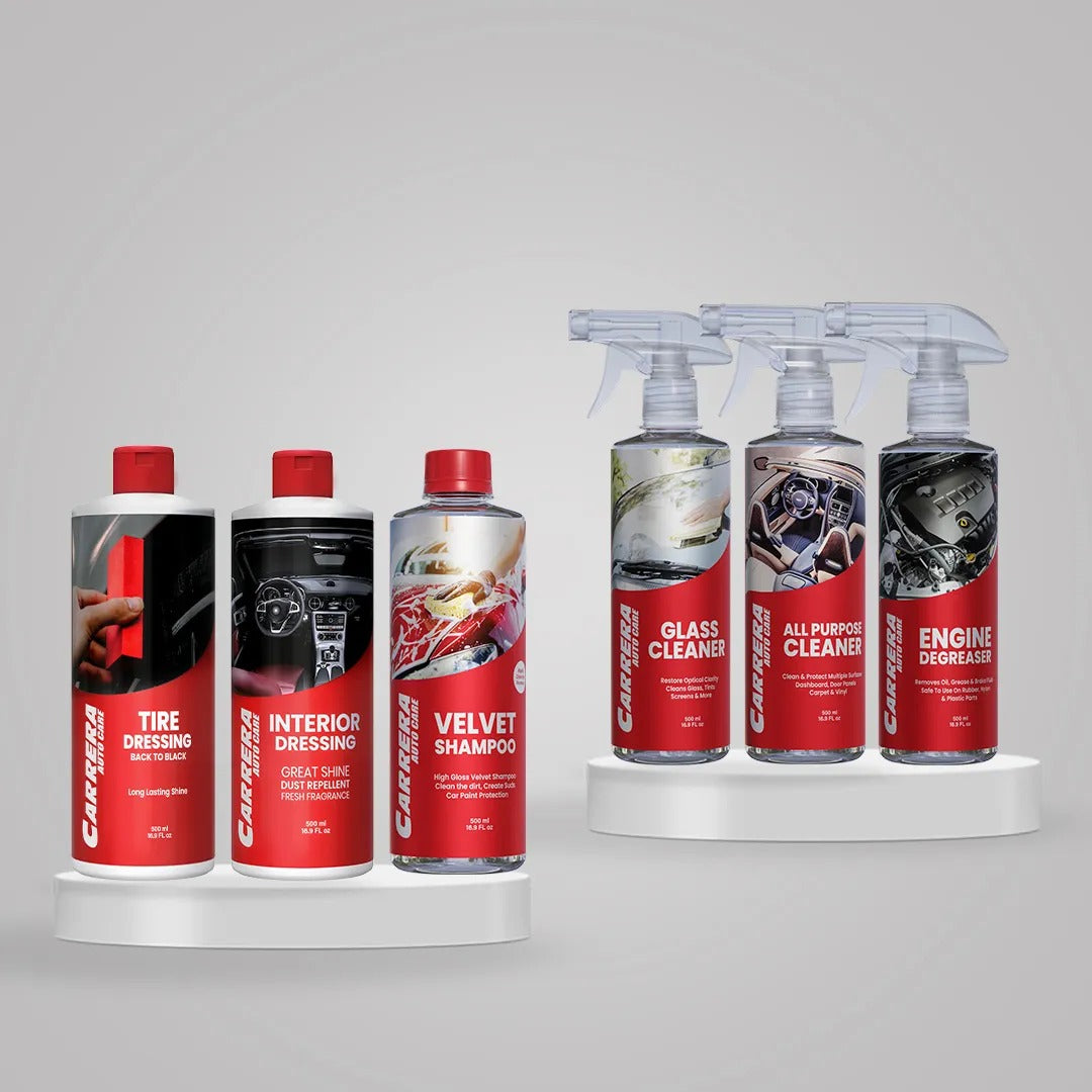 Carrera Tire Dressing 500ml+ Carrera All Purpose Cleaner 500ml+ Carrera Velvet Shampoo 500ml+ Carrera Glass Cleaner 500ml+ Carrera interior dressing + Carrera Engine Degreaser (Multi- Purpose Kit)