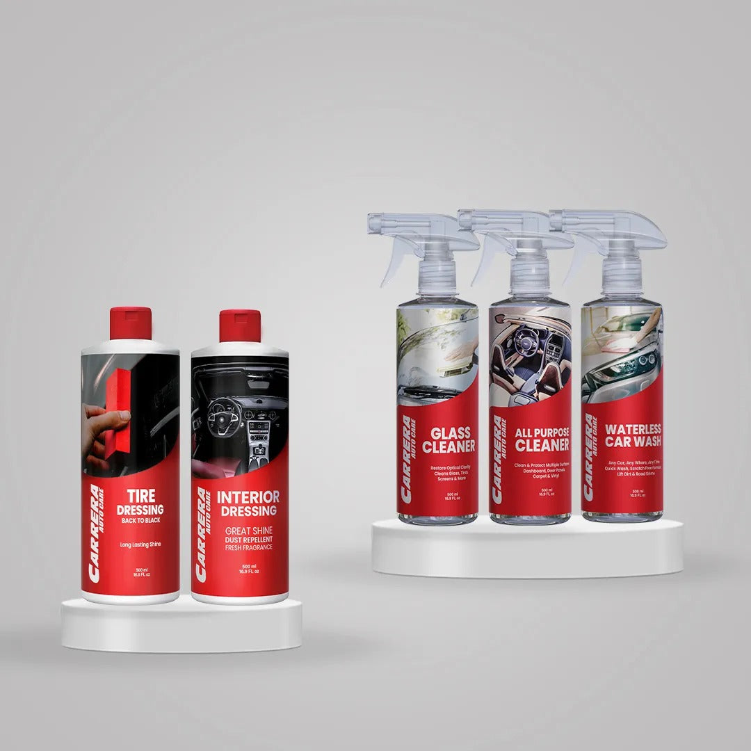 Carrera Interior Dressing 500ml+ Carrera Glass Cleaner+ Carrera Waterless Car wash 500ml+ Carrera All Purpose Cleaner 500ml+ Carrera Tire Dressing 500ml ( Ready to Go Kit)