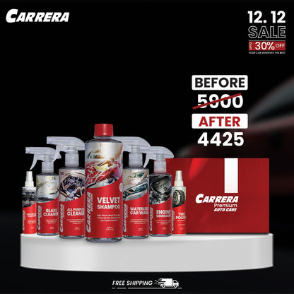 Shampoo 500ml + Dashboard Cleaner + All Purpose Cleaner + water Less + Glass Cleaner + Engine Degreaser + Tire Polish (Carrera Complete Kit Box)