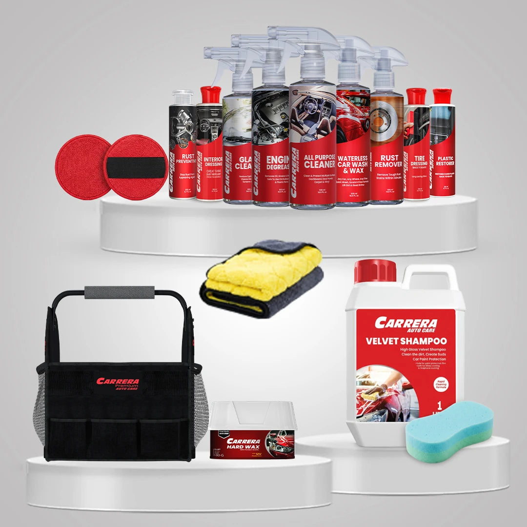 TD 500ml+APC 500ml+Colored Shampoo +Hard Wax+Waterless Wash &amp; Wax +Interior Dressing +ED 500ml+GC 500ml+Plastic Restorer 200ml+Fragrance Card+ Rust Remover + Rust Preventive 200ml +Detailing Caddy (Advanced Protection Kit) +yellow MF