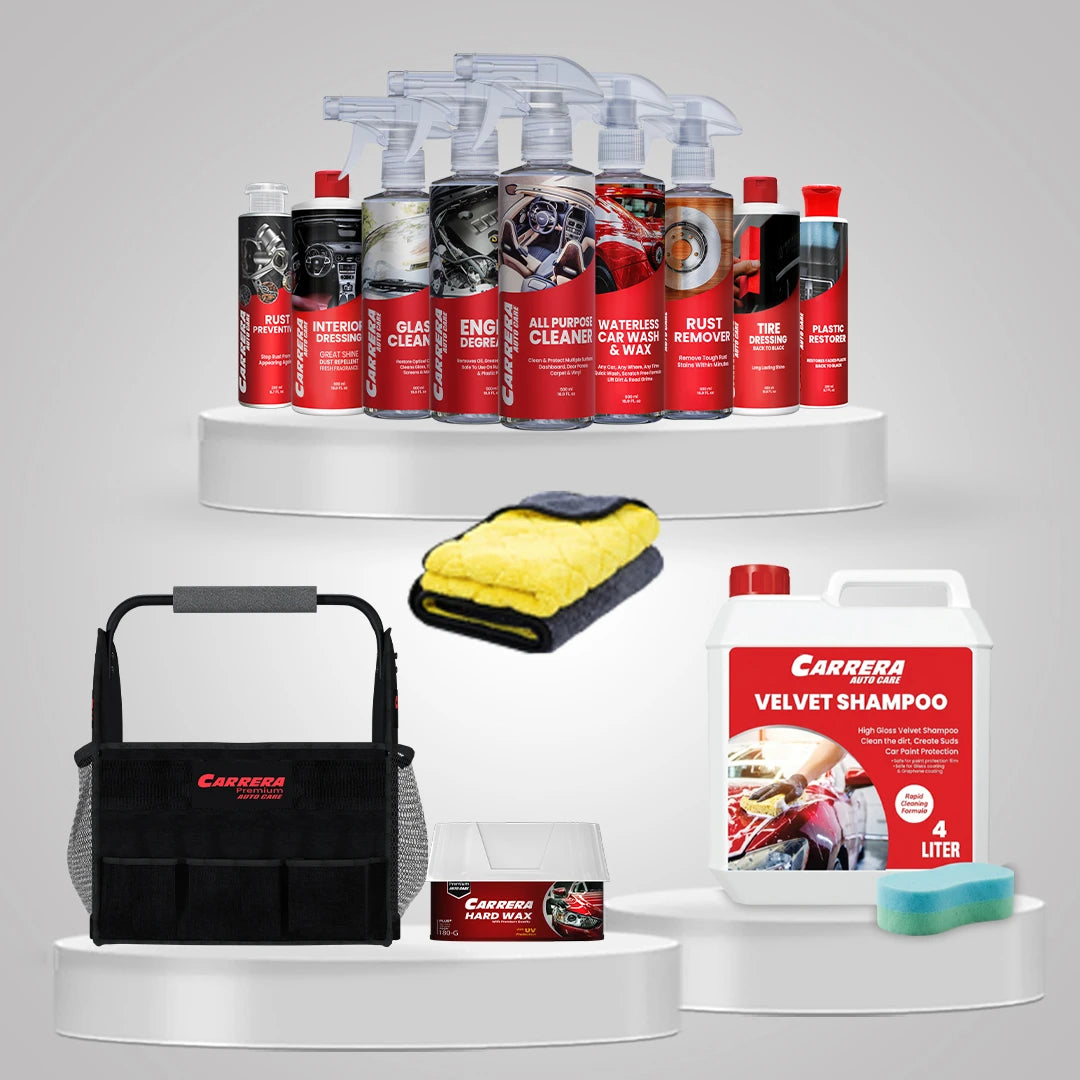TD 500ml+APC 500ml+Colored Shampoo +Hard Wax+Waterless Wash &amp; Wax +Interior Dressing +ED 500ml+GC 500ml+Plastic Restorer 200ml+Fragrance Card+ Rust Remover + Rust Preventive 200ml +Detailing Caddy (Advanced Protection Kit) +yellow MF