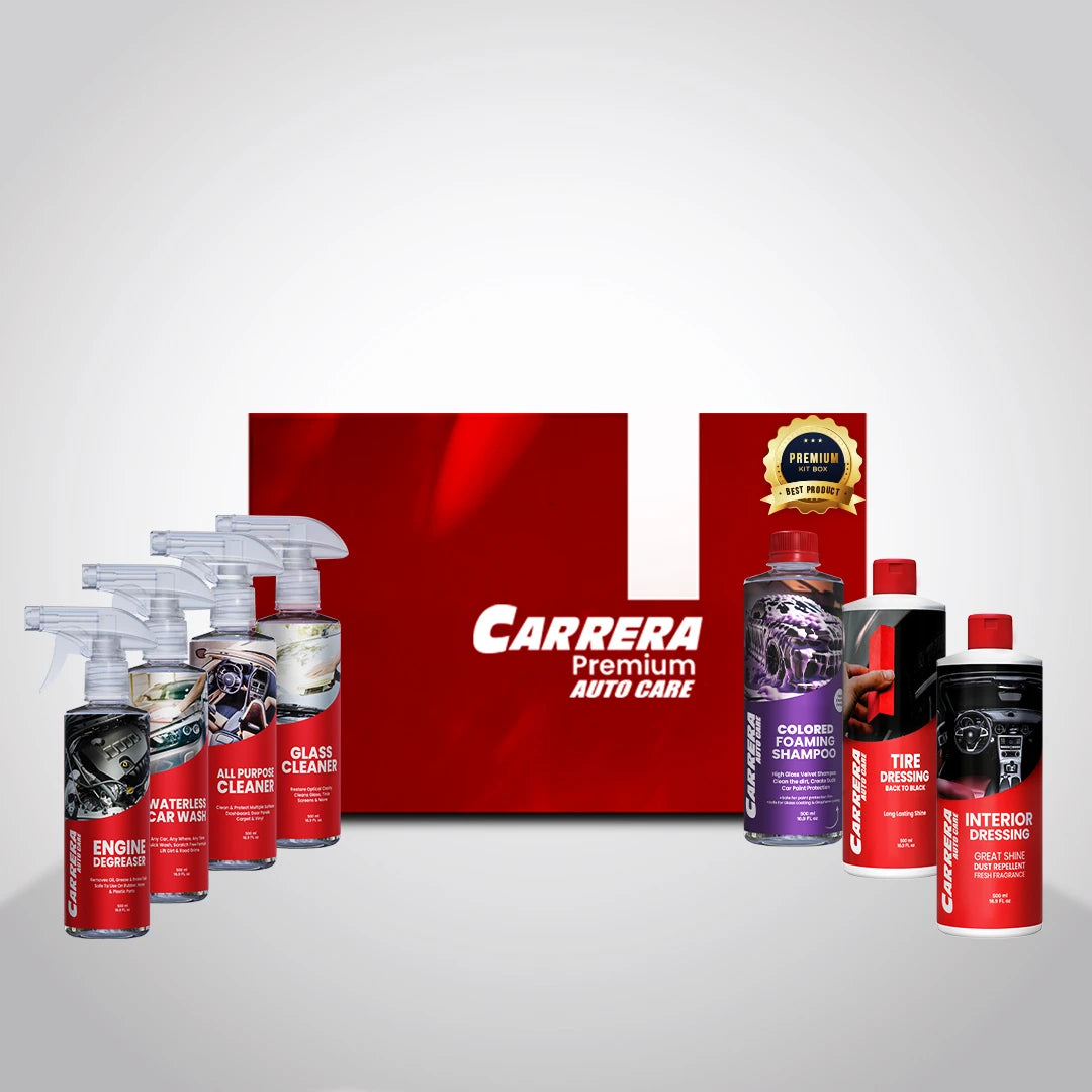 Color Shampoo + Interior Dressing + All Purpose Cleaner + water Less  wash+ Glass Cleaner + Engine Degreaser + Tire Dressing (Carrera Complete Kit Box)