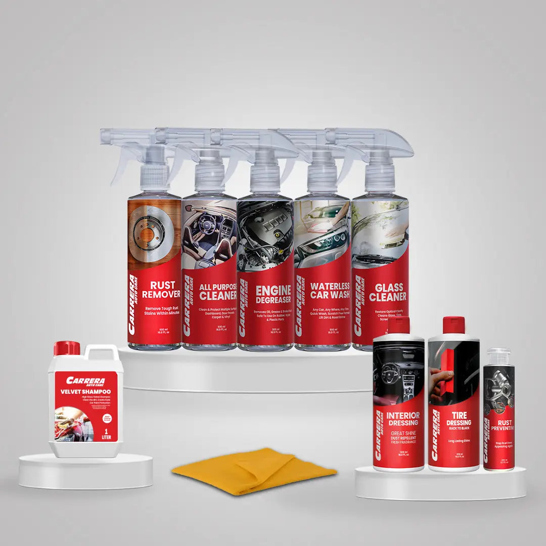 Velvet Shampoo + Glass Cleaner + Interior Dressing + Tire Dressing + Engine Degreaser + All Purpose Cleaner + Waterless Car Wash+ Rust Remover + Rust Preventive 200 ml ( Carrera Master Kit) + Microfiber