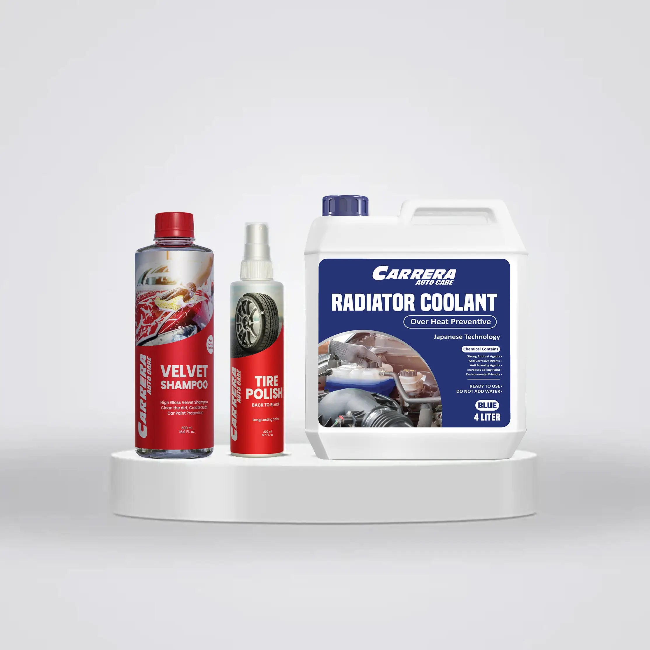 Carrera Coolant Over Heat Preventive + Tire Polish  + Velvet Shampoo