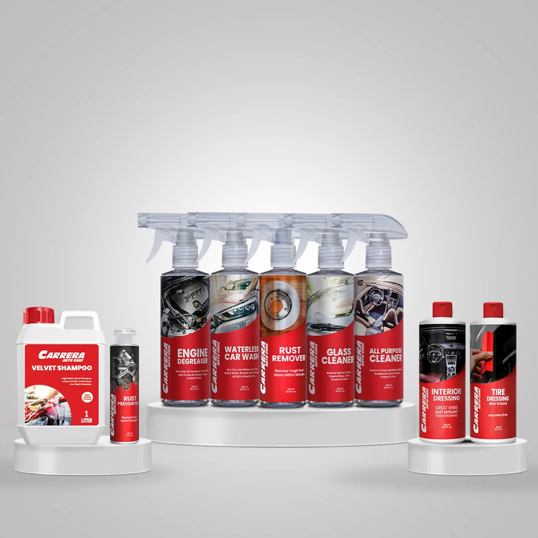 Velvet Shampoo + Glass Cleaner + Interior Dressing + Tire Dressing + Engine Degreaser + All Purpose Cleaner + Waterless Car Wash+ Rust Remover + Rust Preventive 200 ml ( Carrera Master Kit) + Microfiber