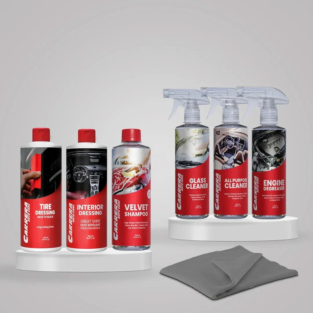 Carrera Tire Dressing 500ml+ Carrera All Purpose Cleaner 500ml+ Carrera Velvet Shampoo 500ml+ Carrera Glass Cleaner 500ml+ Carrera interior dressing + Carrera Engine Degreaser (Multi- Purpose Kit) +MF