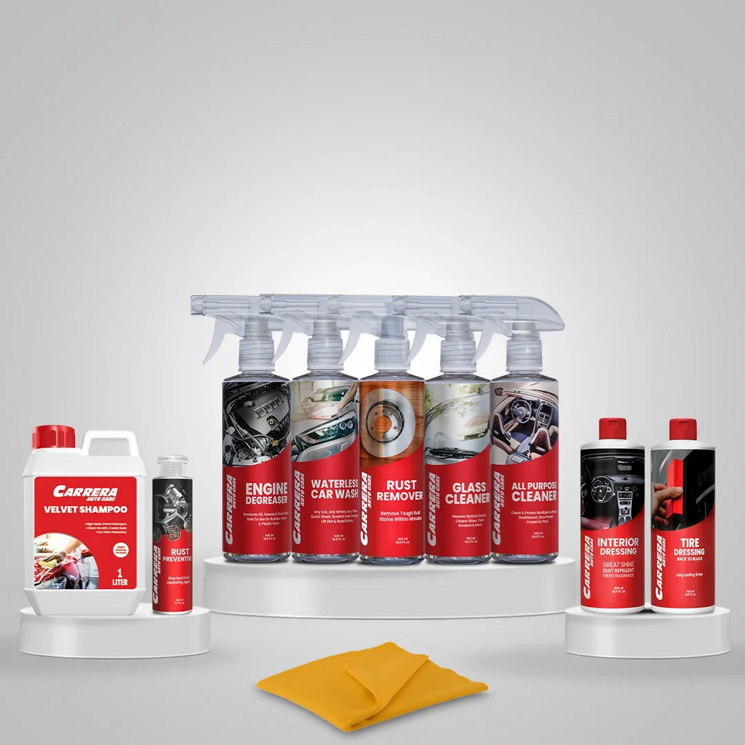 "Pack Of 9 [carrera Tire Polish | All Purpose Cleaner | carrera velevt Shampoo | Waterless Car Wash | Dashboard Cleaner | Carrera Rust Remover | Engine Degreaser | Carrera Glass Cleaner | Plastic Restorer